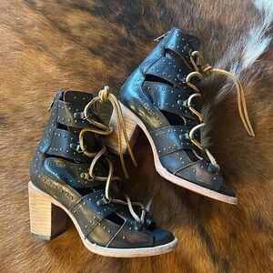 freebird Black Leather Studded Lace-Up Open-Toe Heeled Boots